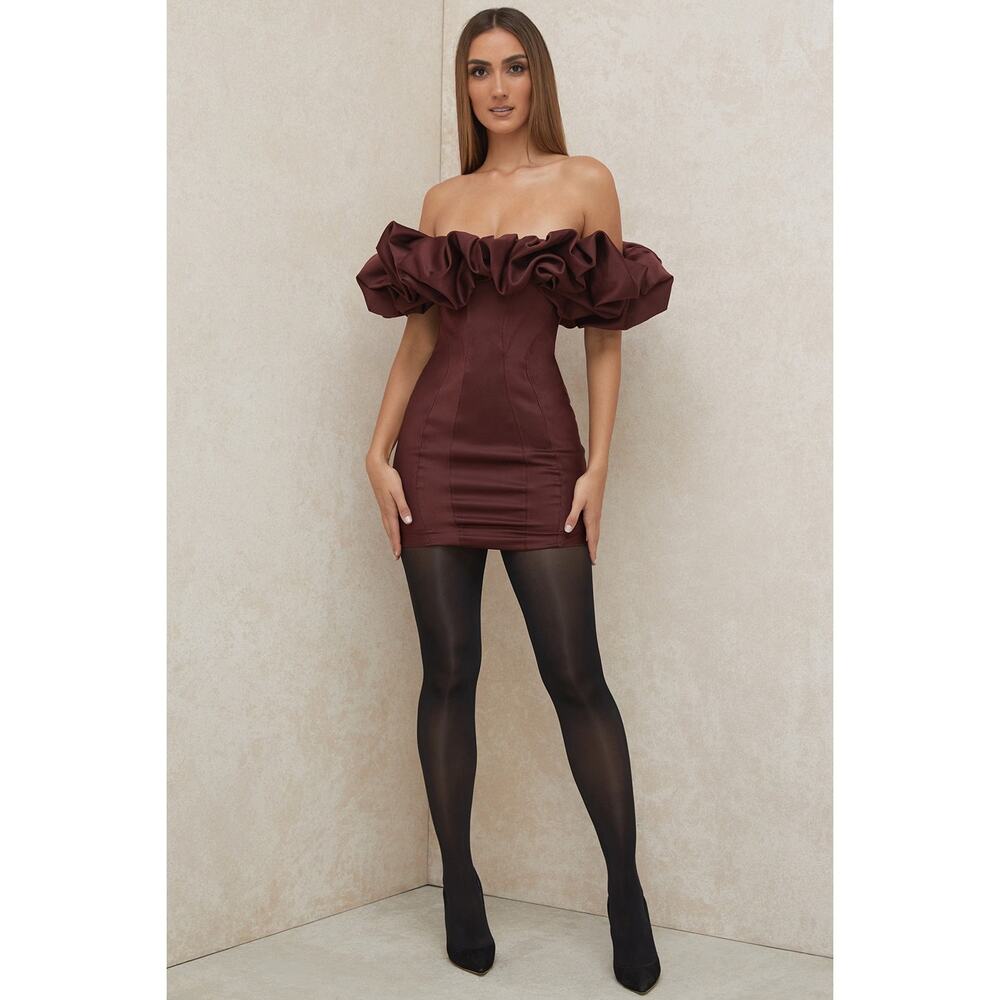 House of CB Selena Raisin Satin Ruffle Strapless Dress size XS